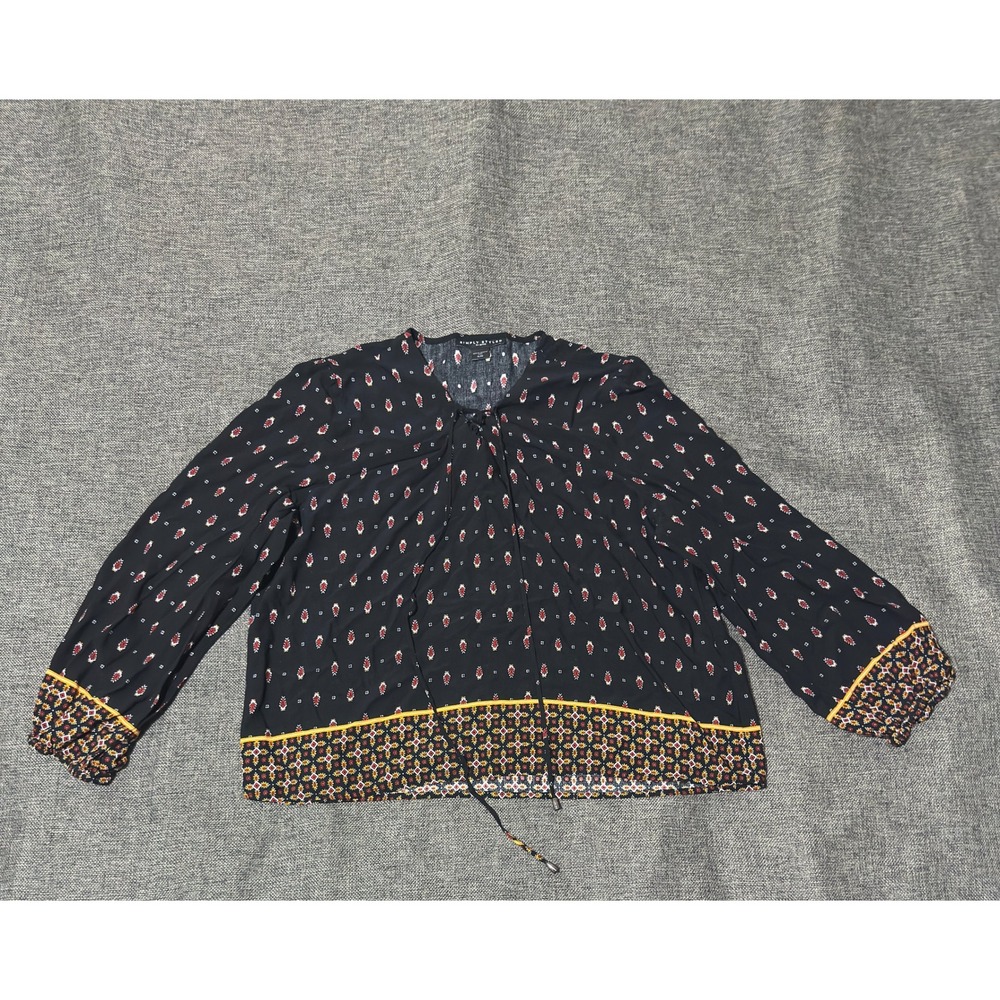 Simply Styled Women's XL Blouse Black Boho Geometric Print Tie Neck Viscose‎